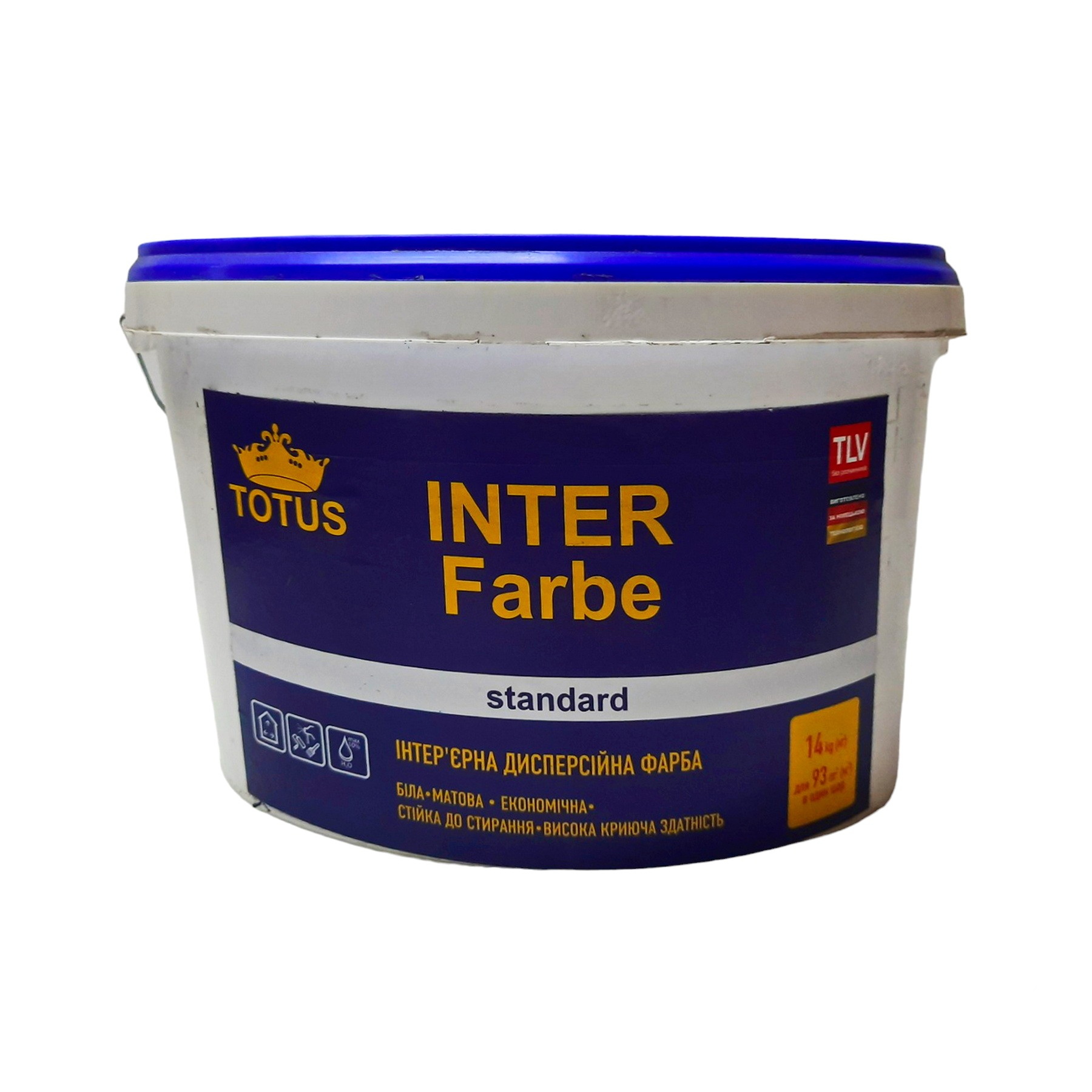 Фарба інтер'єрна TOTUS Inter Farbe Standard, інтер'єрна для стін та стель, латексна, акрилова, водоемульсійна, мат білий 14 кг